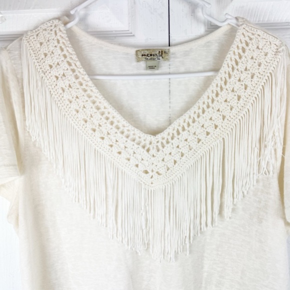 One World Cream Western Crochet Fringe V Neck Burnout Short Sleeve High Lo Top - Picture 6 of 10